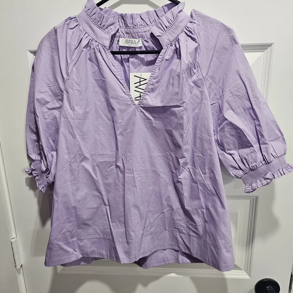 AVARA Lavender Ruffle-Trim Puff Sleeve Blouse - Picture 1 of 4